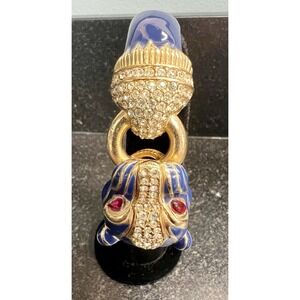 Ciner Blue Enamel Panther Head Hinged Bangle Bracelet Rhinestones Crystal Eyes